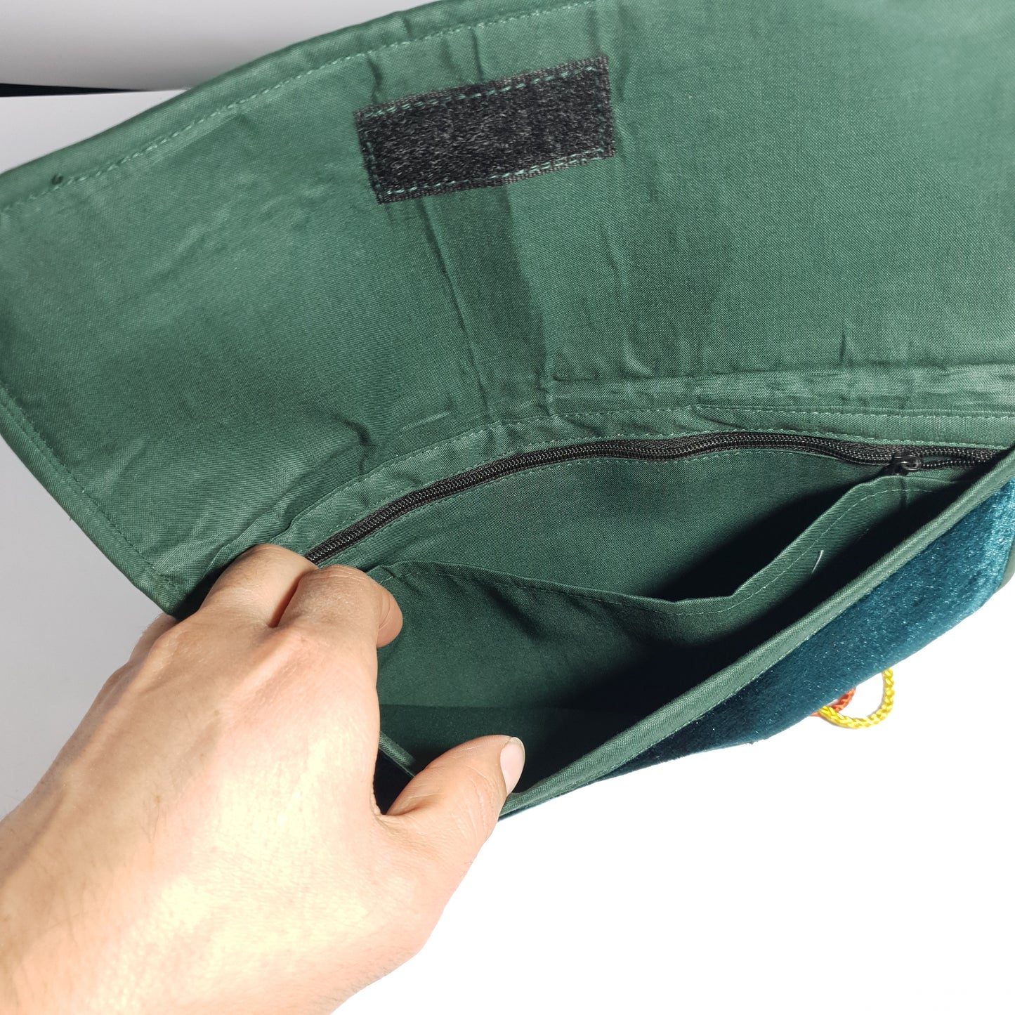 Handmade Green Velvet Clutch Wallet - 3 Compartment Gilgit Baltistan Embroidered Evening Bag