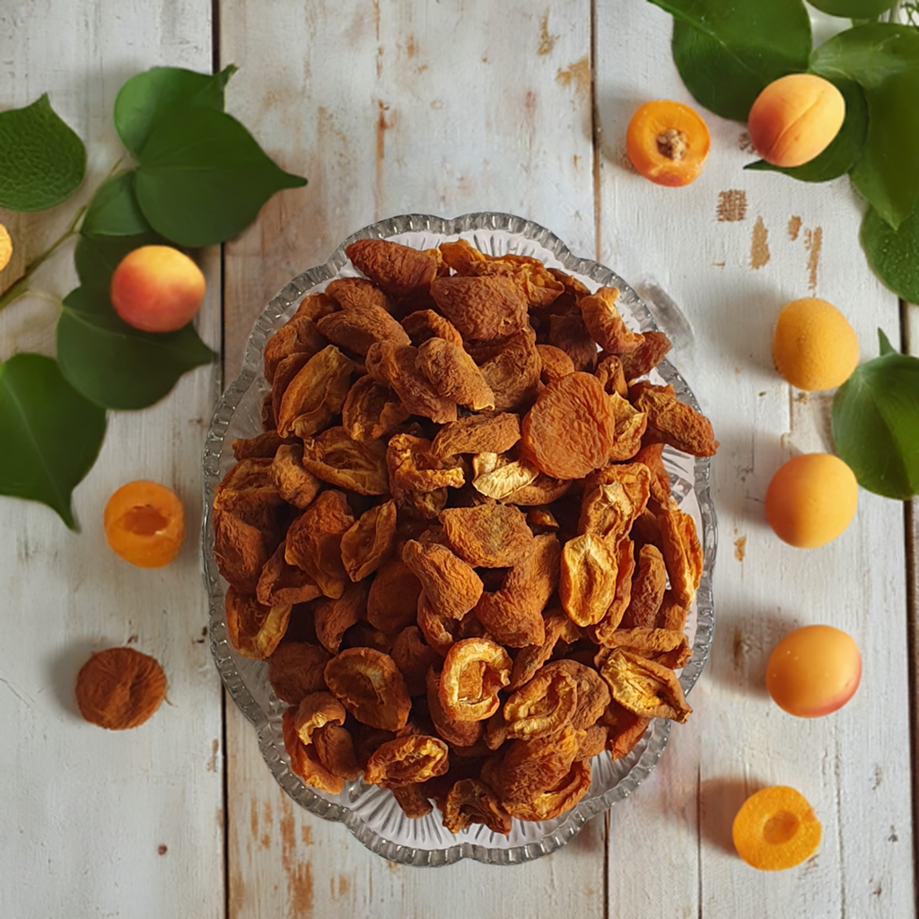 a glass tray full of Dry apricots on a table 