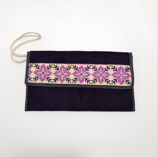 Handmade Purple Velvet Clutch Wallet - 3 Compartment Gilgit Baltistan Embroidered Bag
