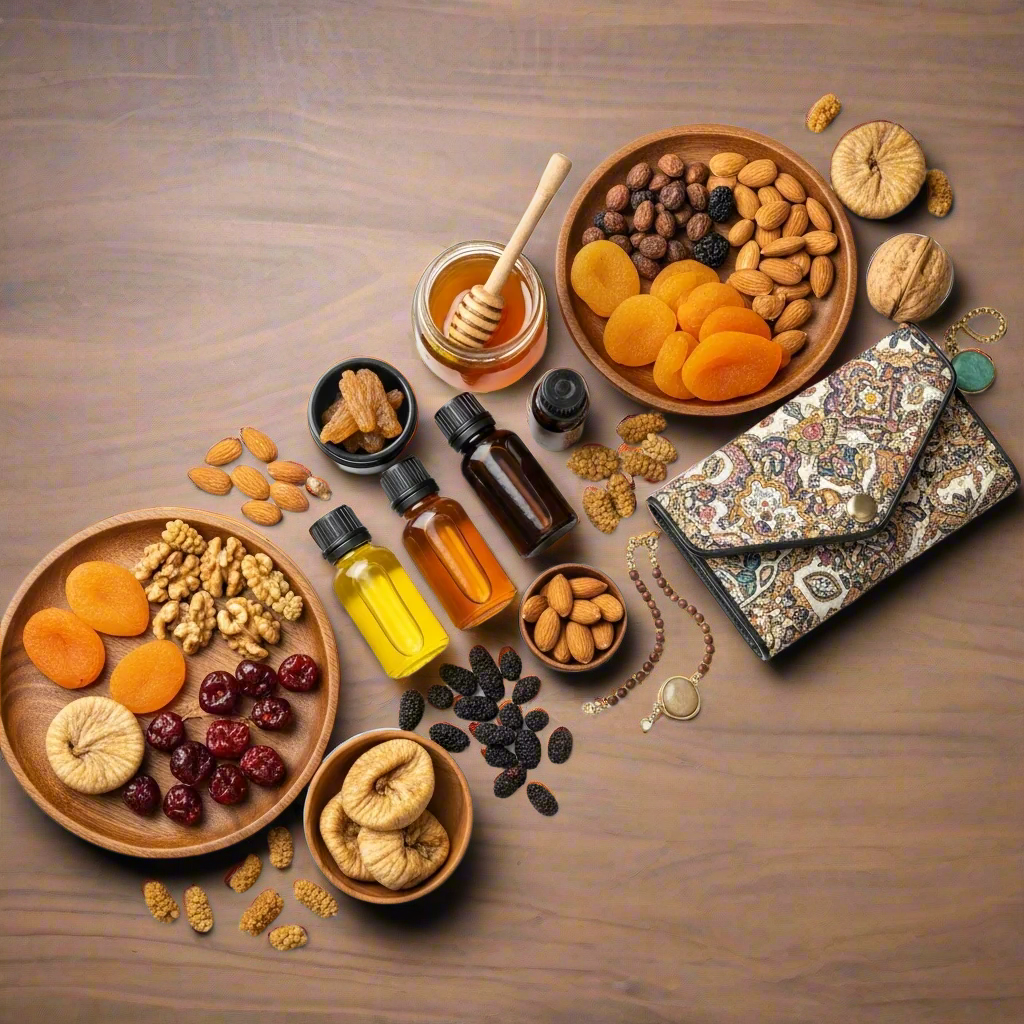 Assorted dried fruits, nuts, and oils on a white surface with a decorative bag.