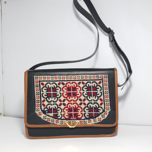 Handmade Embroidered Leather Bag for Women - Gilgit Baltistan Artisan Crossbody Bag with Geometric Motif