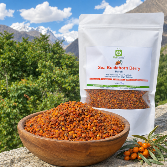 Dried Sea Buckthorn Berries in a wooden bowl besides with a pouch of Wild Harvested Sea Buckthorn Berries of Gilgit Mart from the valleys of gilgit baltistan