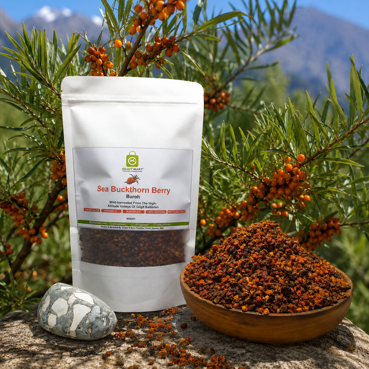 A stand-up pouch of Sea Buckthorn Berry is displayed outdoors on a stone surface, surrounded by live sea buckthorn branches with sea buckthorn berries, a wooden bowl filled with the dried berries, and a small stone. The background shows blurred mountains and blue sky.