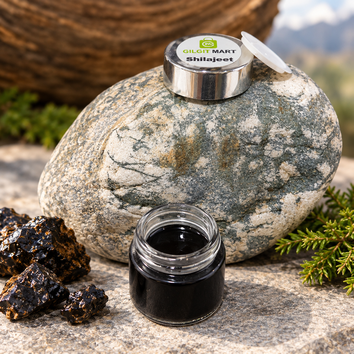 A small clear glass jar filled with a Pure shilajit (Salajeet) sits in front of a large gray stone. The silver metal lid of the jar is placed on top of the stone, showing a round label that reads 'GILGIT MART Shilajeet'.
