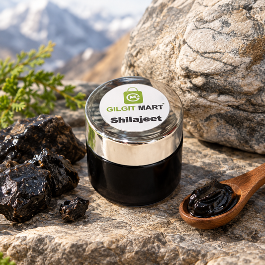 A jar of Gilgit Mart Shilajeet placed on a rocky mountain surface, with dark shilajeet also shown on a wooden spoon and loose stones in the foreground. A blurred natural mountain background is visible behind the product.