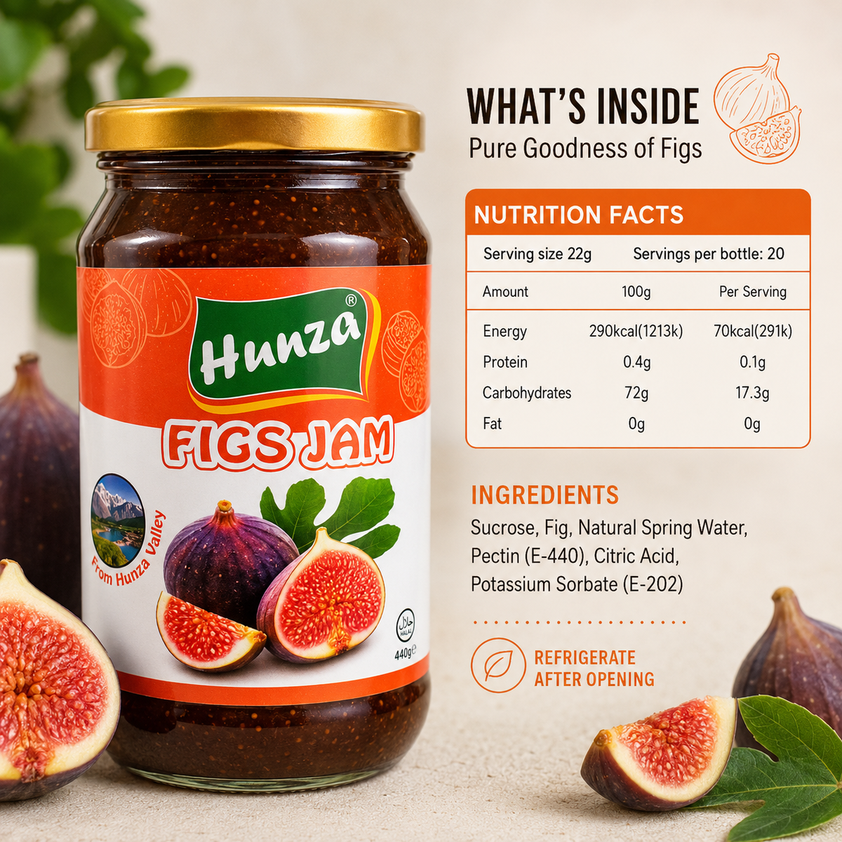 Nutrition facts and Ingredient label on Hunza Figs Jam jar showing fig, sucrose, and spring water