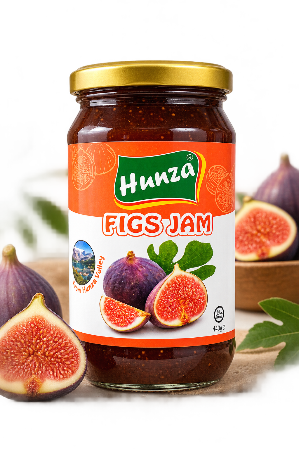 Hunza Figs Jam (Anjeer Jam) 440g jar on white background, Gilgit Mart