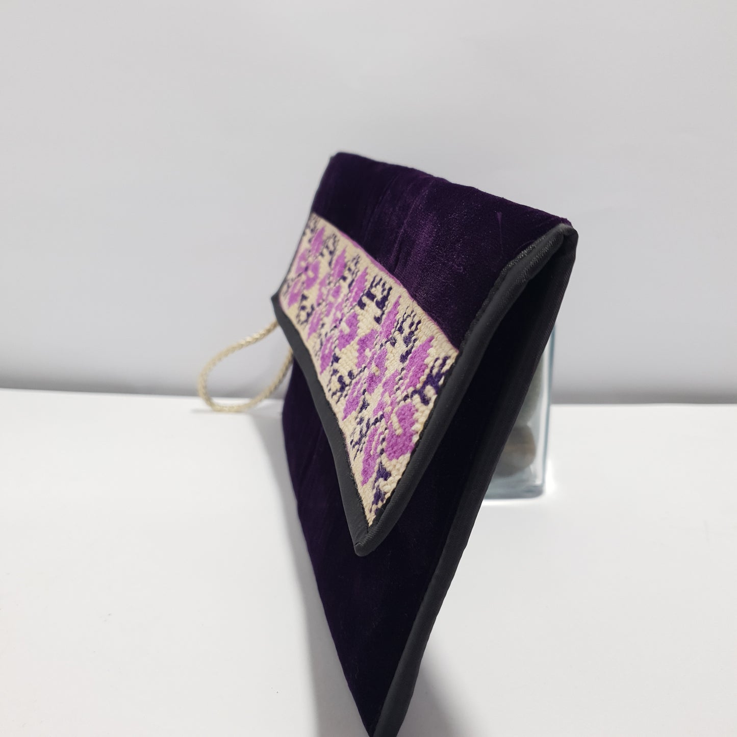 Handmade Purple Velvet Clutch Wallet - 3 Compartment Gilgit Baltistan Embroidered Bag