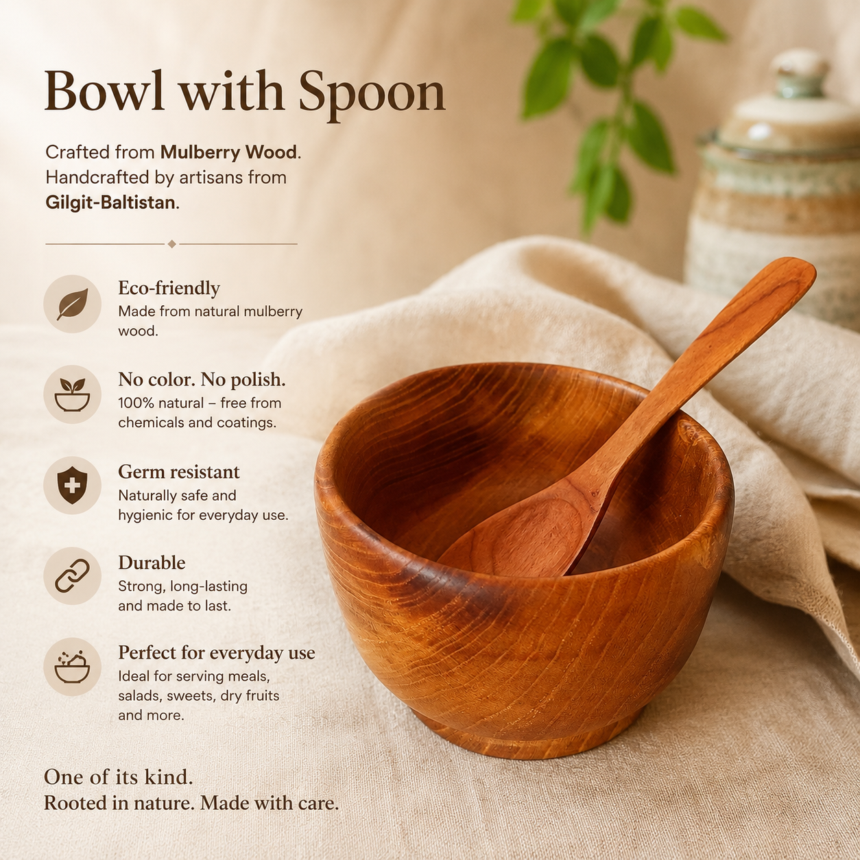 Handcrafted Mulberry Wood Bowl with Spoon